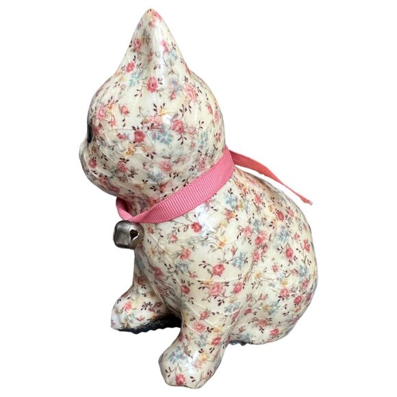 Vtg DECOUPAGE Ceramic CAT Kitten Kitty Floral Cream Fabric Pink Ribbon Bell 6" T - Picture 6 of 15